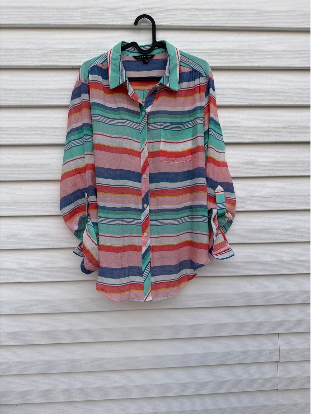 Zac & Rachel Women's Size L Multicolor Striped Roll Tab Sleeve Button Down Shirt